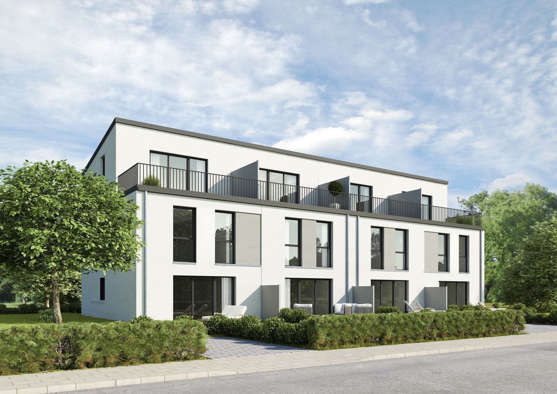 Künstlerische Darstellung eines weißen Wohnhauses