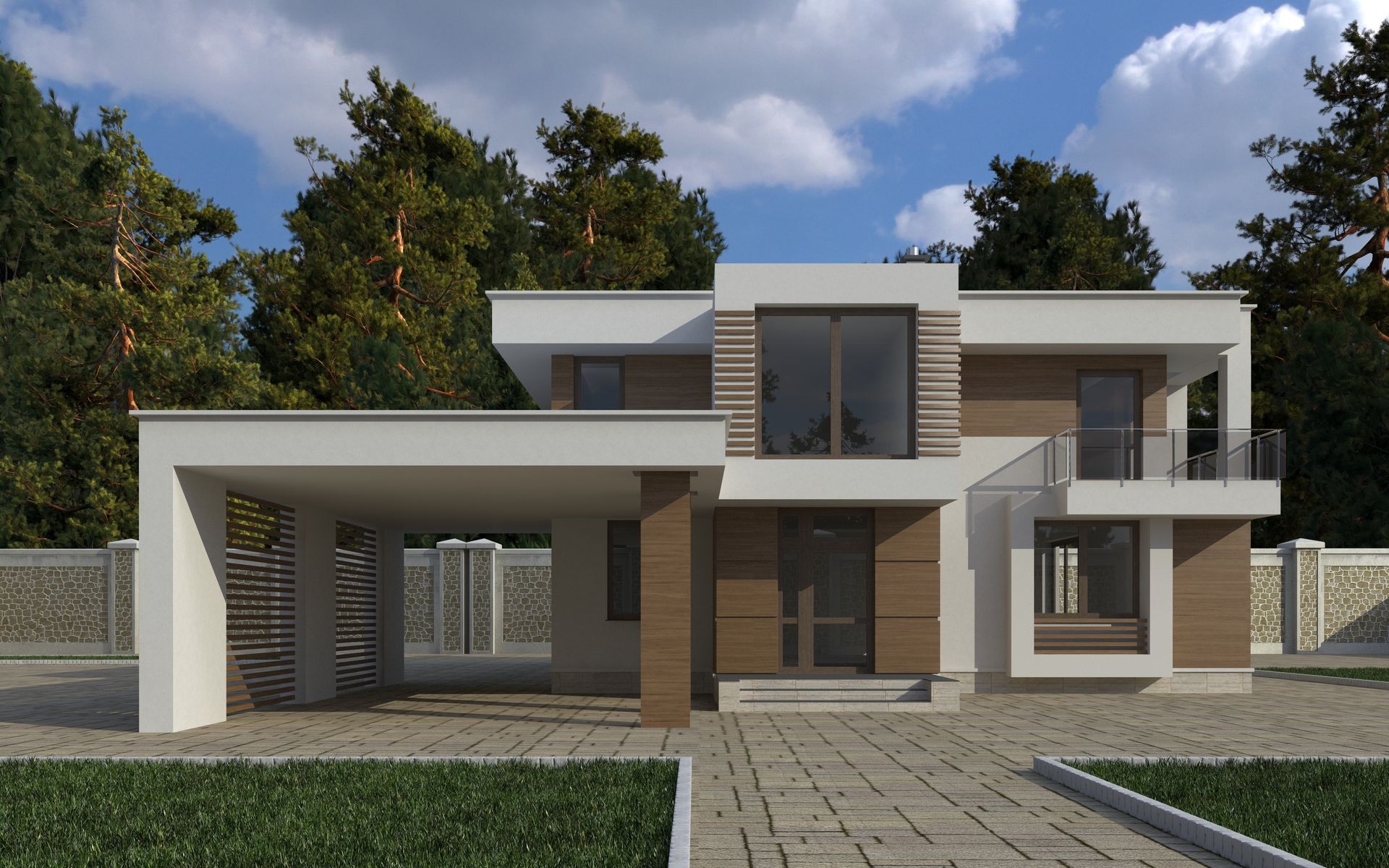 ein modernes Haus mit vielen Fenstern und einer Auffahrt