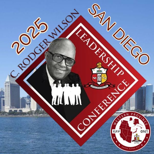 2025 C. Rodger Wilson Leadership Conference in San Diego. Features a man, a fraternity crest, and a skyline.