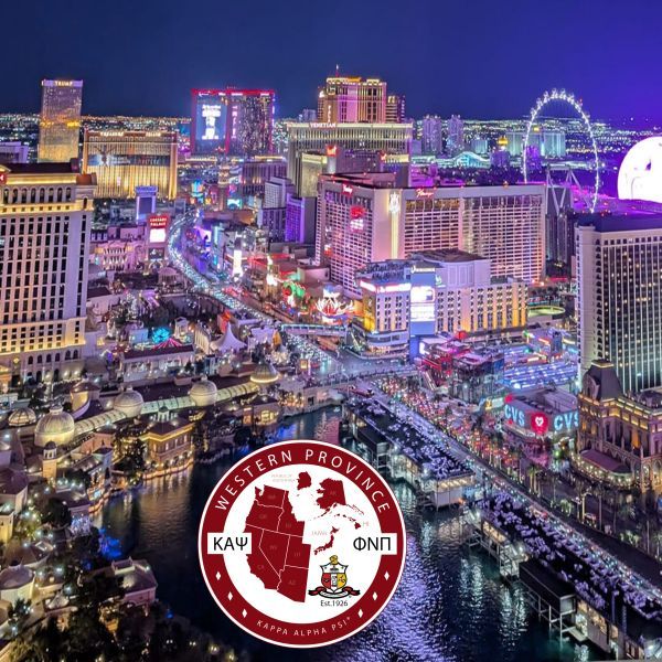 Las Vegas skyline at night with colorful lights, a logo for Kappa Alpha Psi Fraternity, Inc.