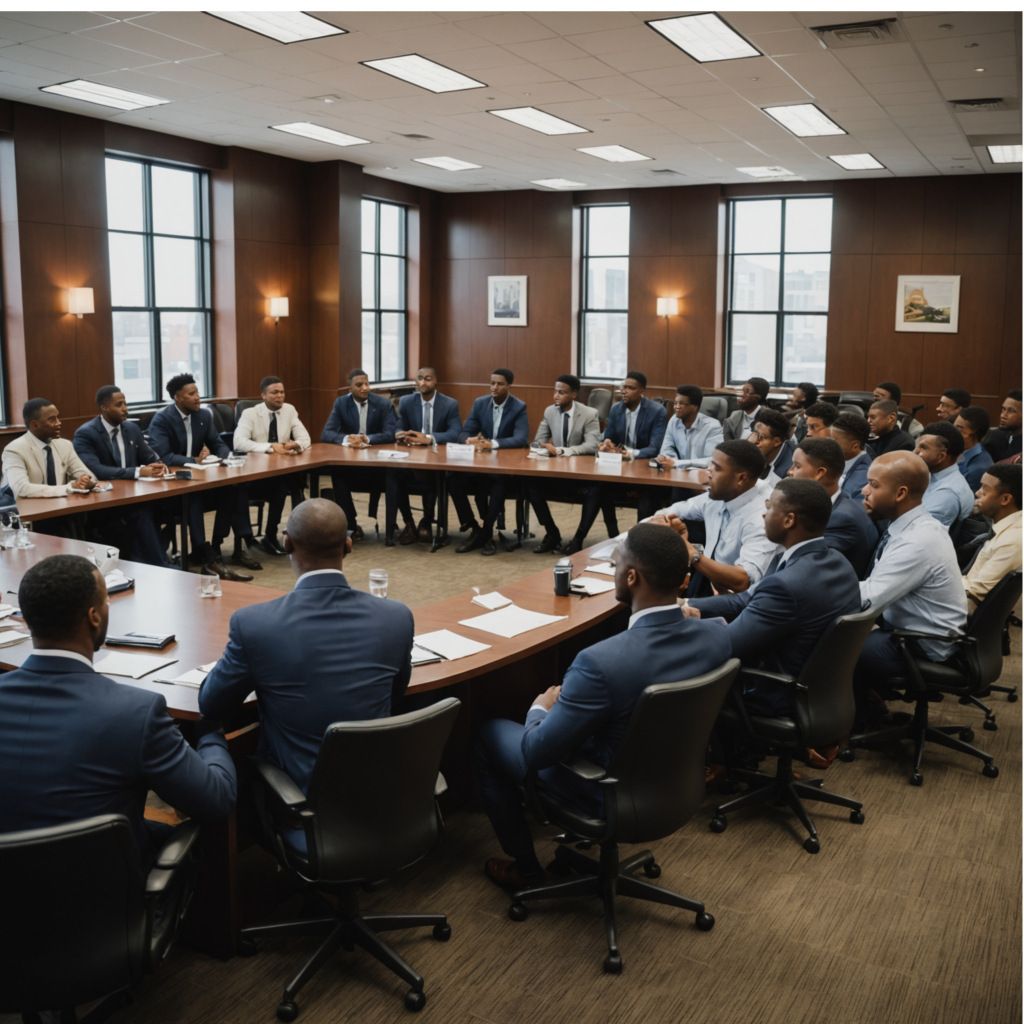 A group of Black men in suits sit around a large conference table in a wood-paneled room, engaging in a meeting.