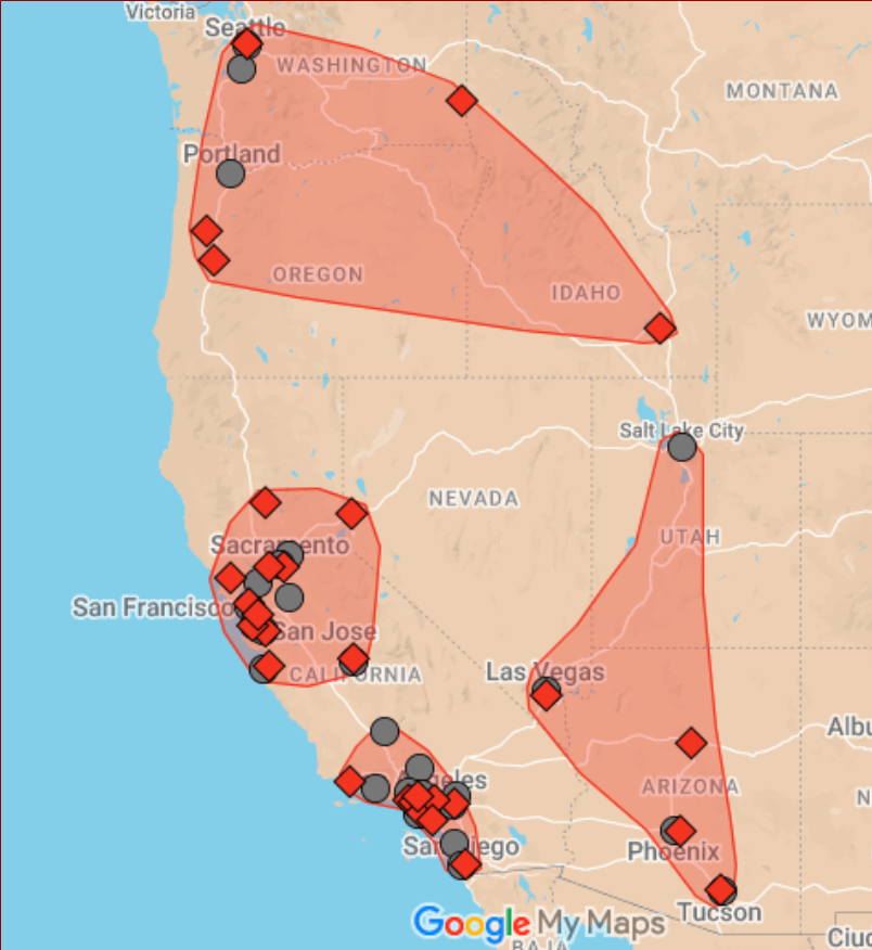 Map of the Western US with red shaded areas around city clusters, marked by red diamonds and gray circles.