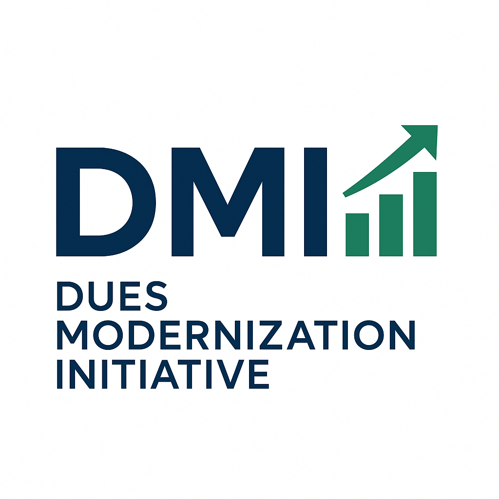 DMI logo with dark blue letters and green growth chart, 