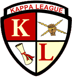 Kappa League logo with red and white sections; includes a fist with lightning bolts, a scroll, and the letters K and L.