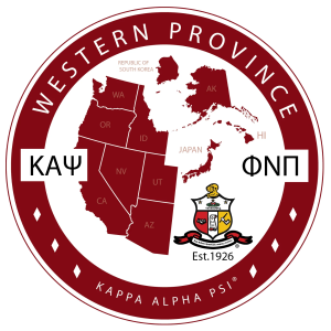 Emblem of Kappa Alpha Psi Western Province; states map with greek letters ΚΑΨ and ΦΝΠ, burgundy.