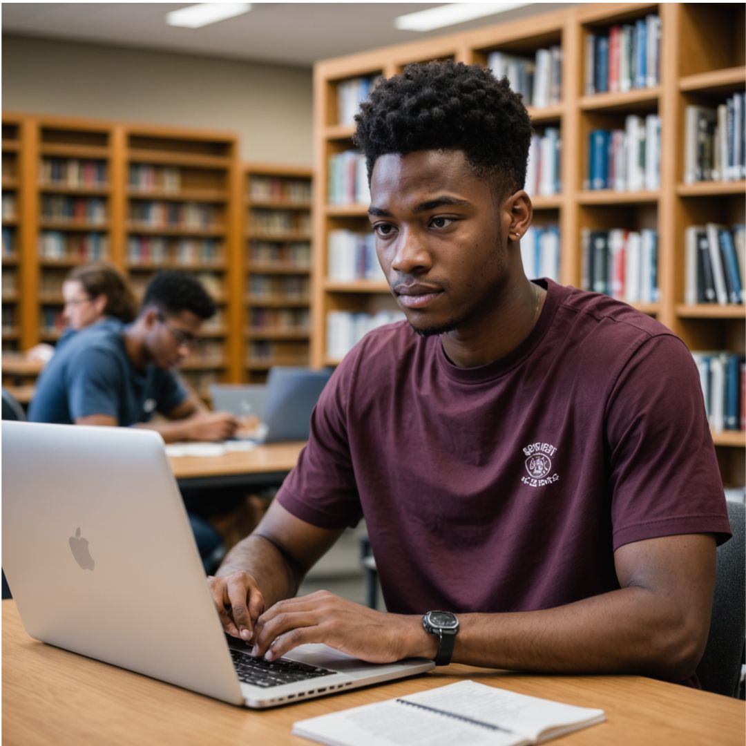 Man in glasses smiles while working on laptop in kitchen.