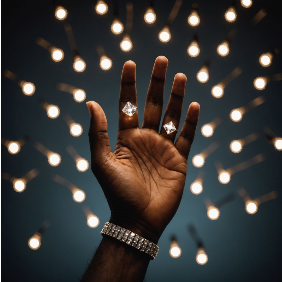 Hand holding a string of warm white fairy lights against an orange and purple sunset.