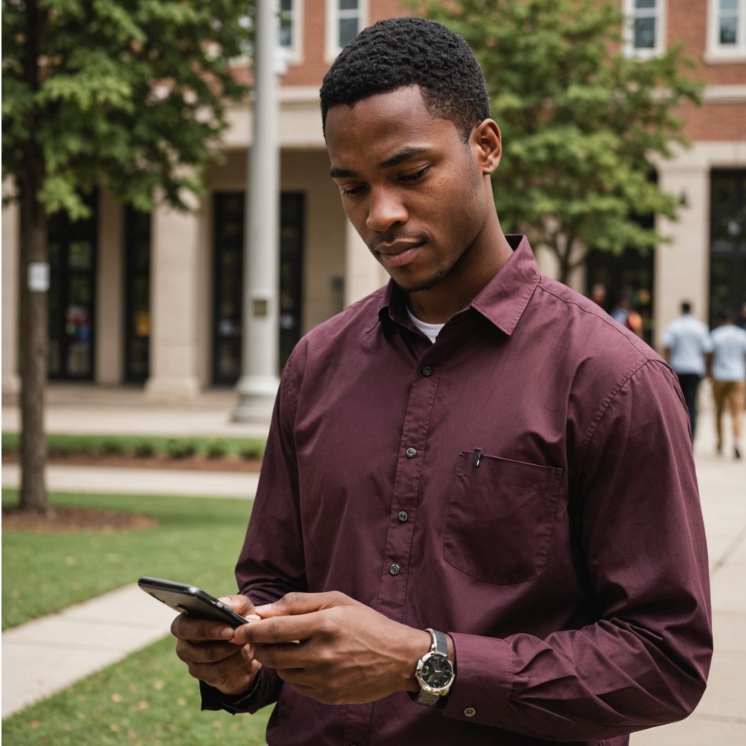 Person with dark skin holds a green phone, typing with their fingers, wearing a white shirt.