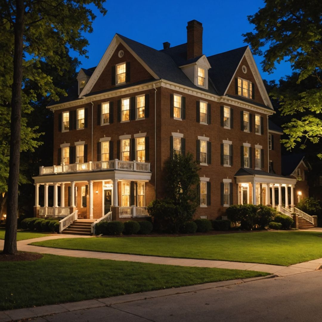 Red brick building with ornate details framed by green trees and a cloudy sky.