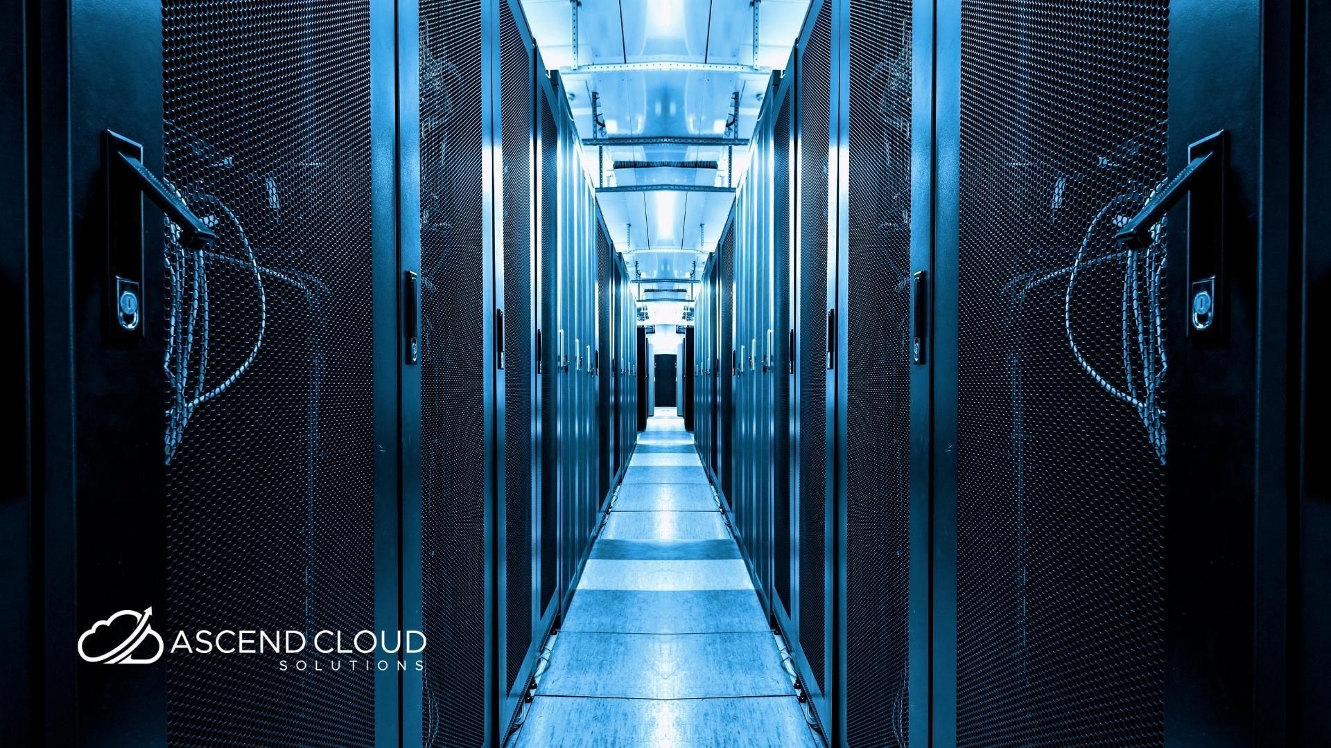 A long hallway filled with servers in a data center.