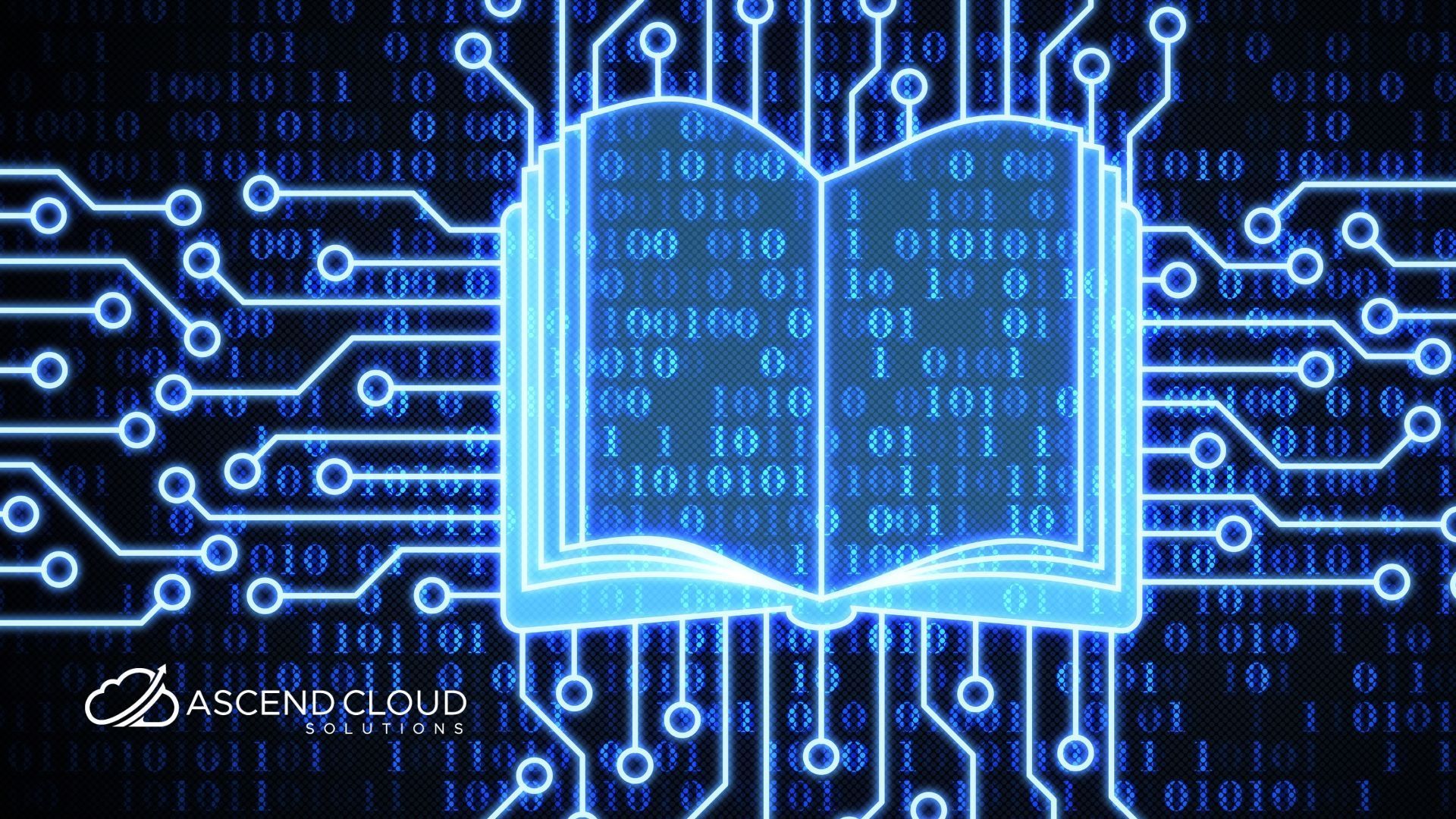 A book is surrounded by binary code and a circuit board.