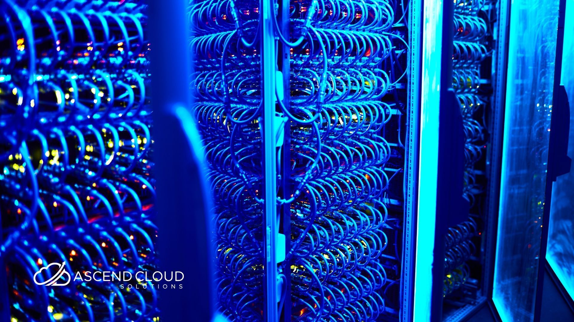 A room filled with lots of blue servers in a data center.