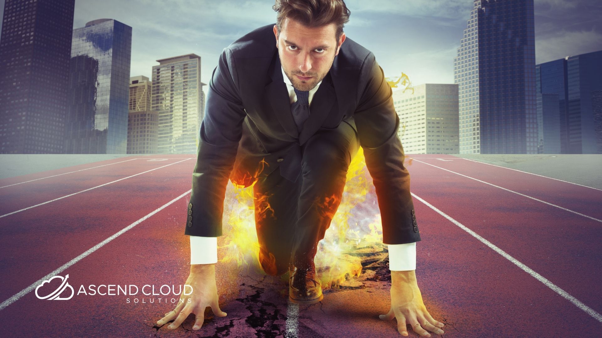 A man in a suit is getting ready to run on a track.