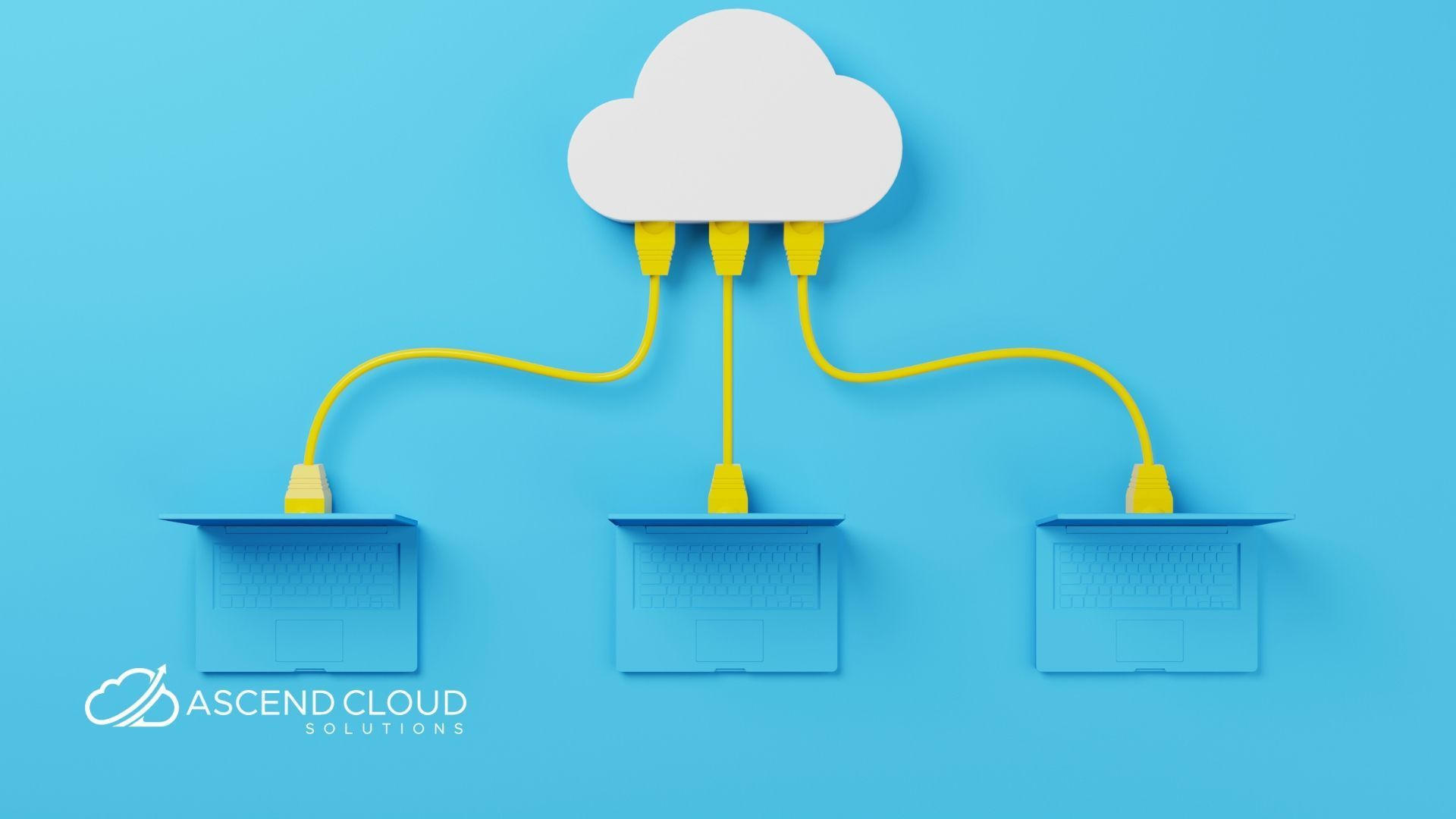 A cloud is connected to three laptops on a blue background.