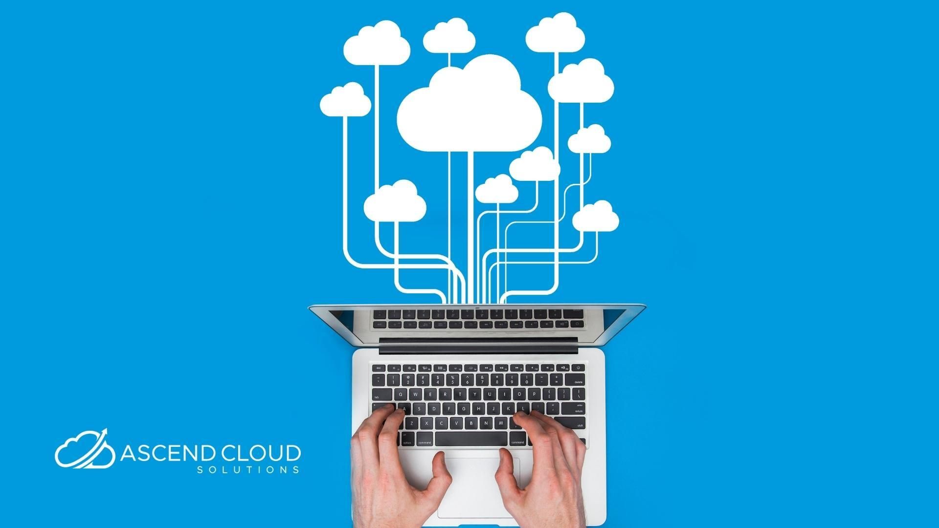 A person is typing on a laptop with clouds coming out of it.