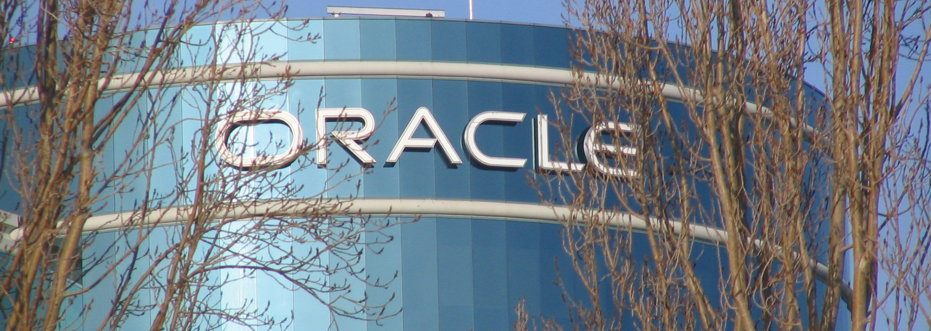 Picture of the Oracle logo on the side of a building.
