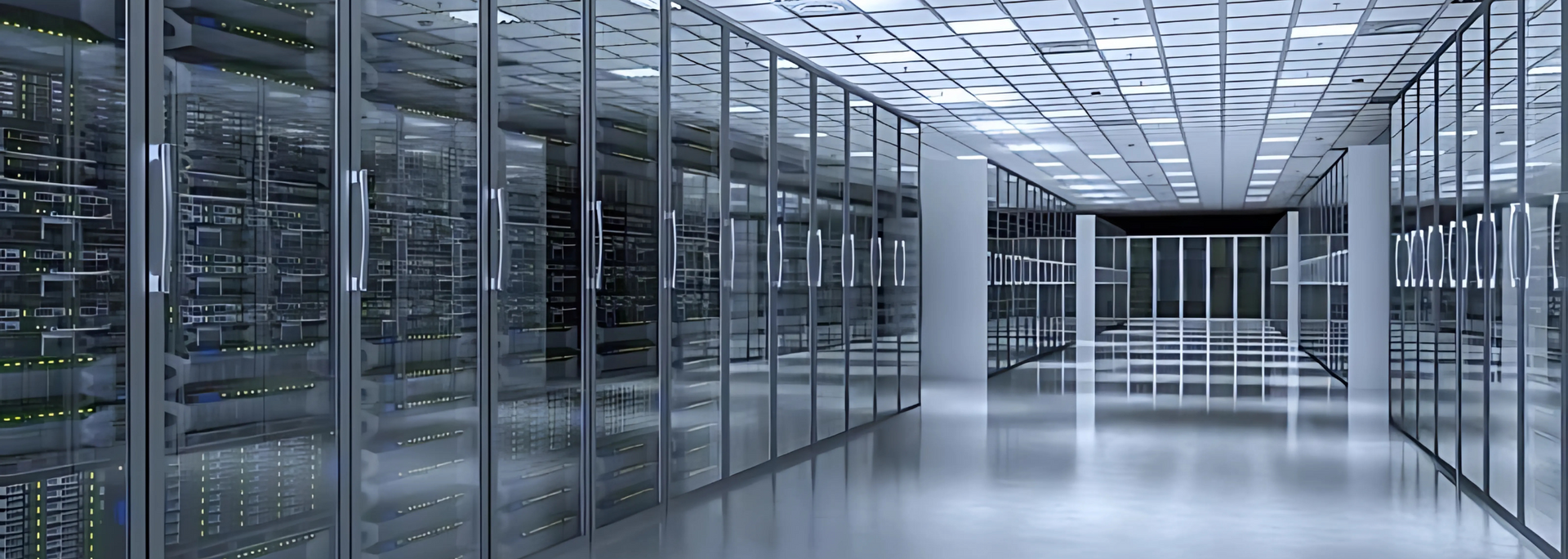 Picture of a huge data centre server room.