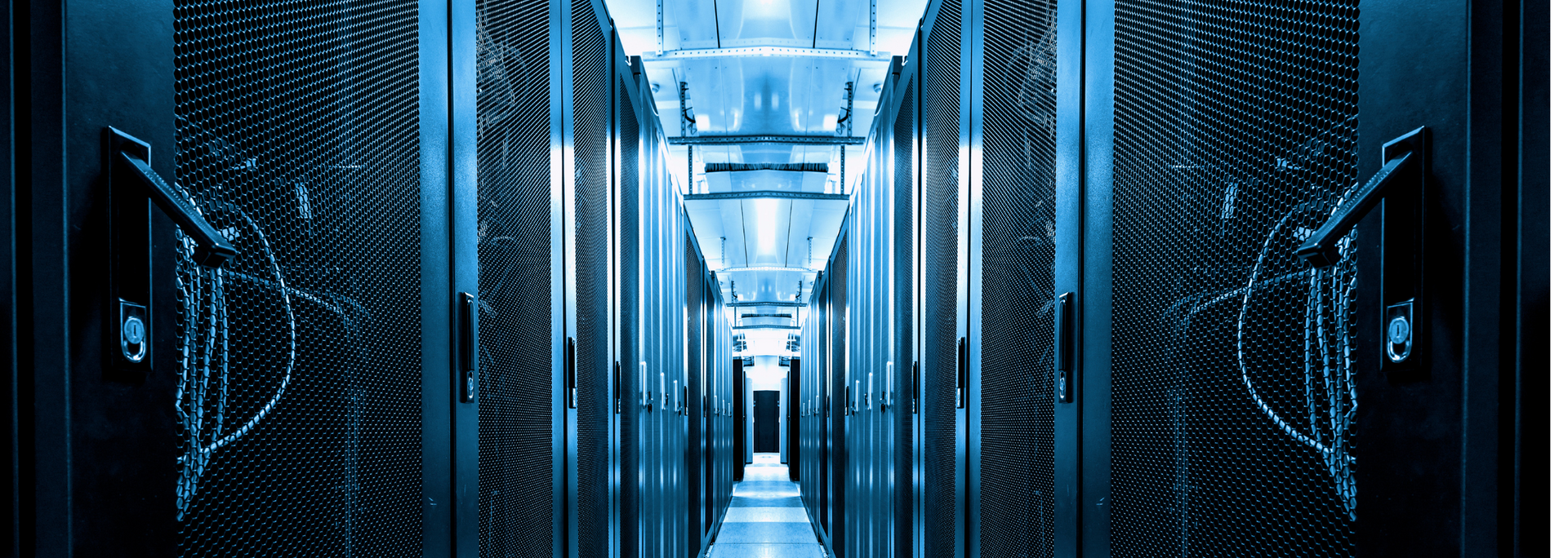 A long hallway filled with servers in a data center.