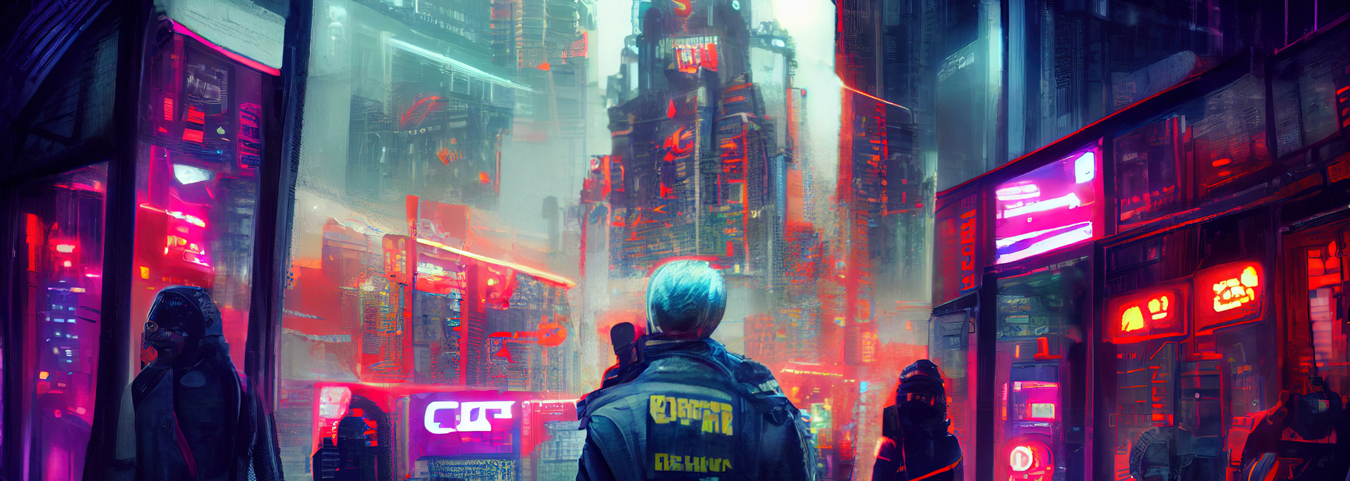 A man is standing in a futuristic city at night.