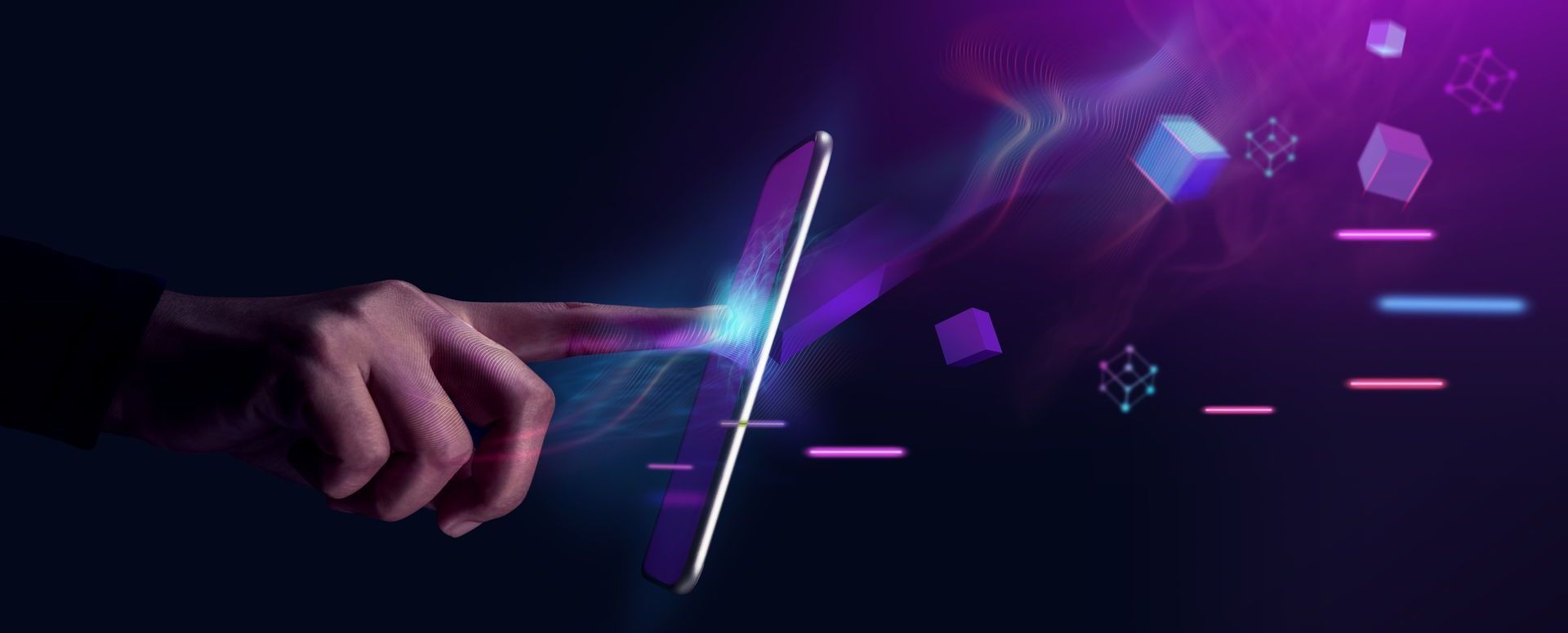 A person is using a tablet computer with a purple background.