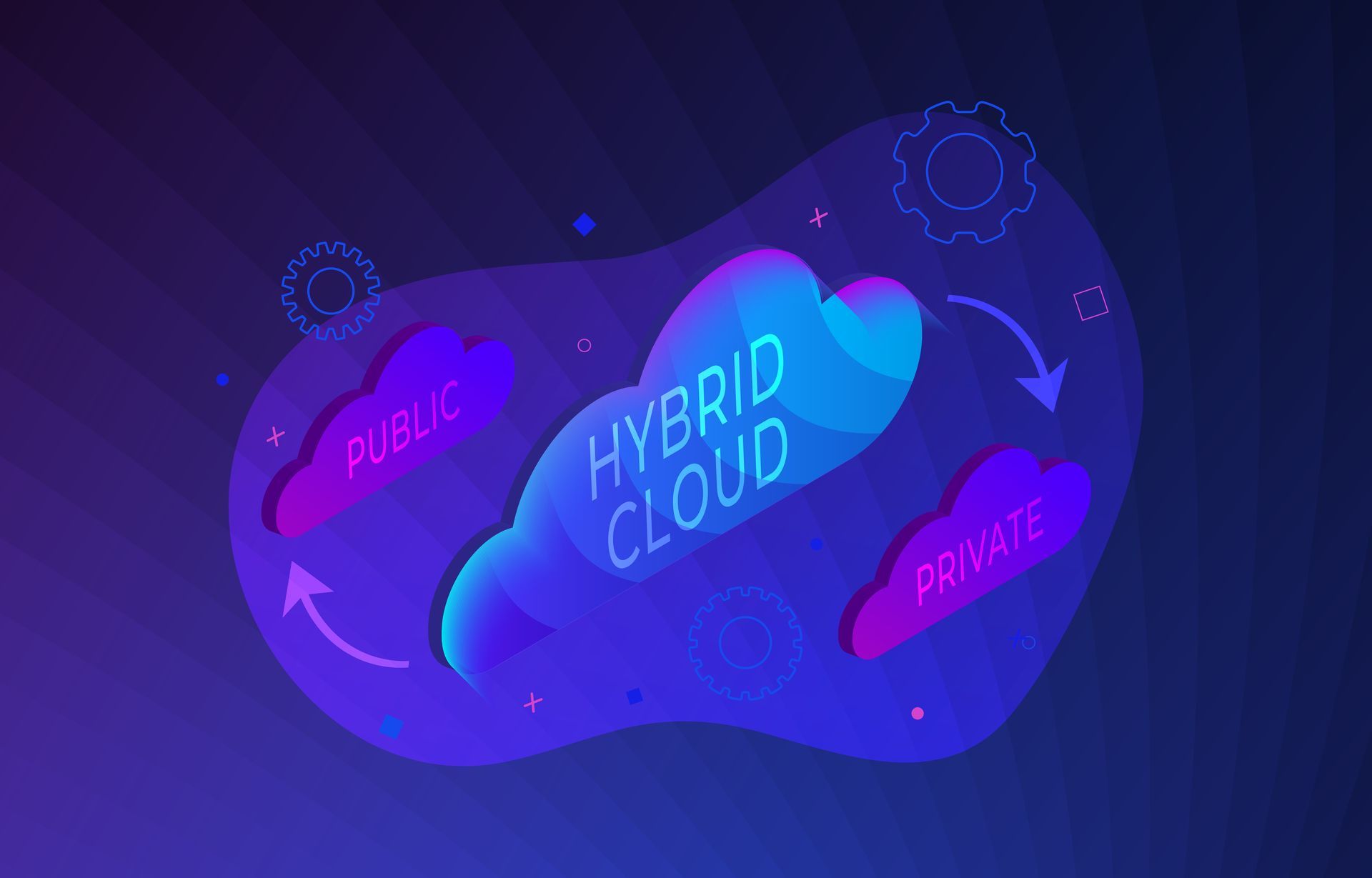 A blue and purple illustration of a hybrid cloud.