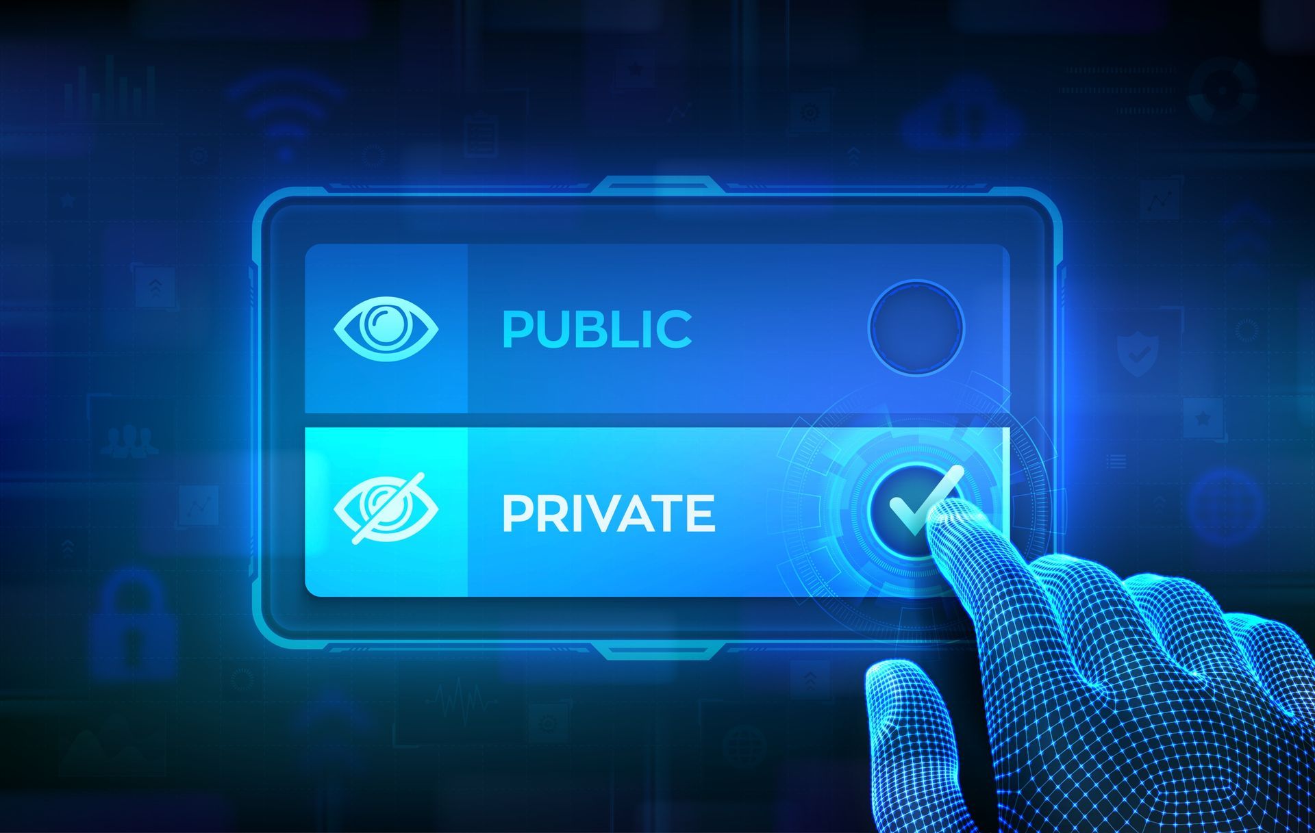 A hand is pressing a button on a screen that says public and private.