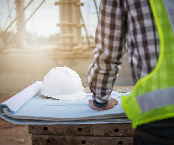 back of construction worker looking at plans with a whit helmet