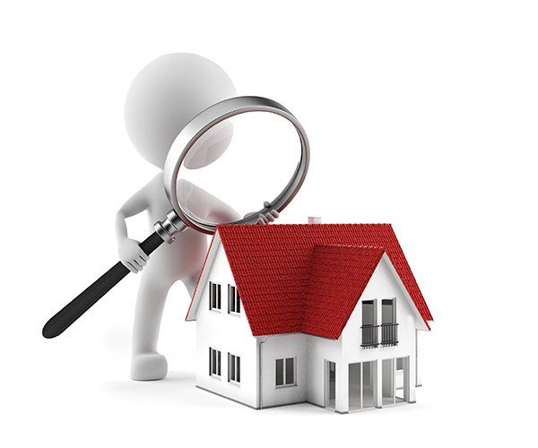 illustration of humanoid figure holding magnify glass over a red home