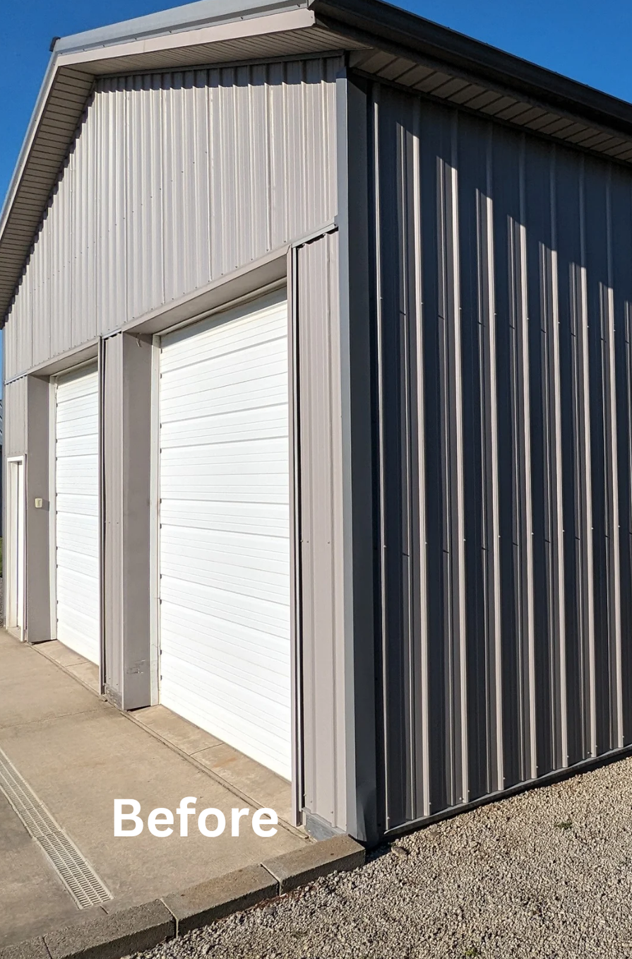 Metal garage exterior with white roll-up door and gray siding, labeled “Before”