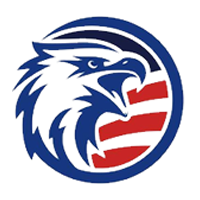 Blue eagle head logo with red and white striped shield inside a circle