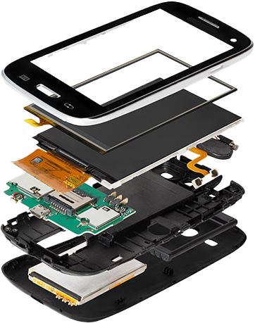 The inside of a cell phone is shown in pieces