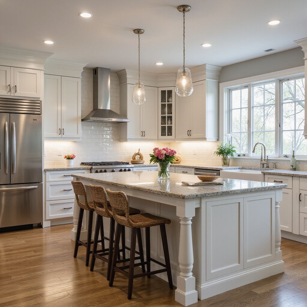 Elegant white kitchen with island, stainless steel appliances, and hardwood floors.