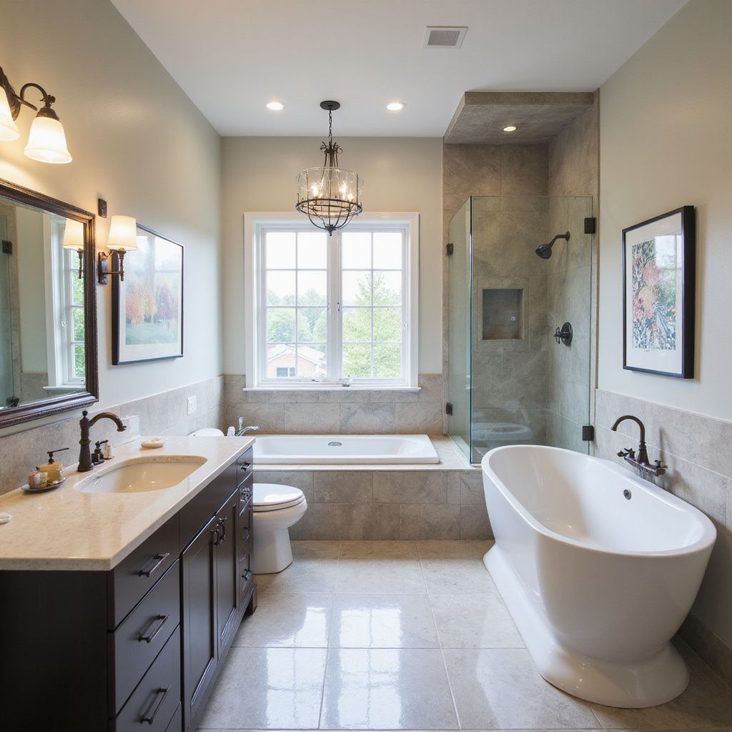 Bathroom with a built-in tub, separate shower, vanity, toilet, and freestanding tub. Soft, neutral tones.