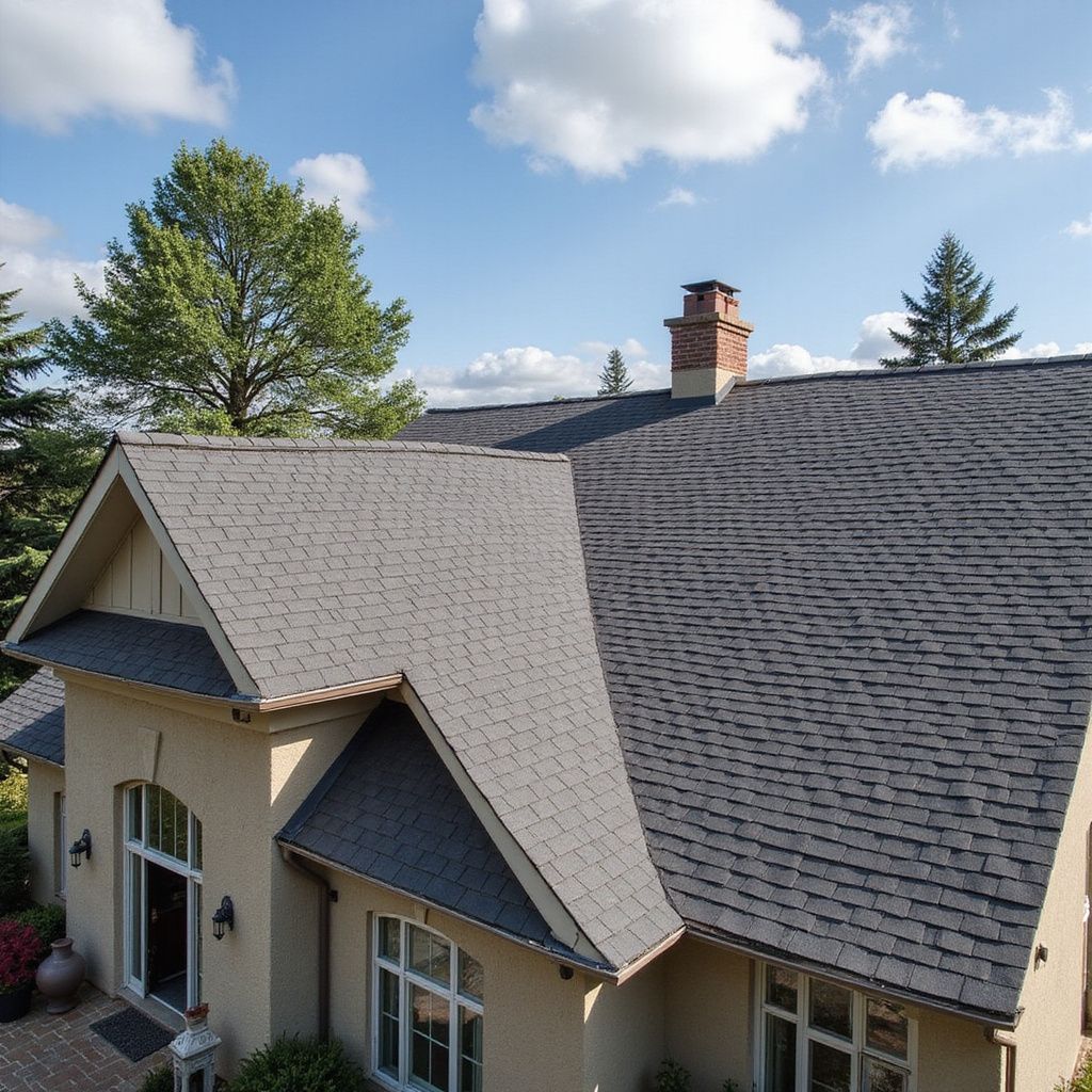 Tan house with gray shingle roof, chimney, and blue sky with clouds.