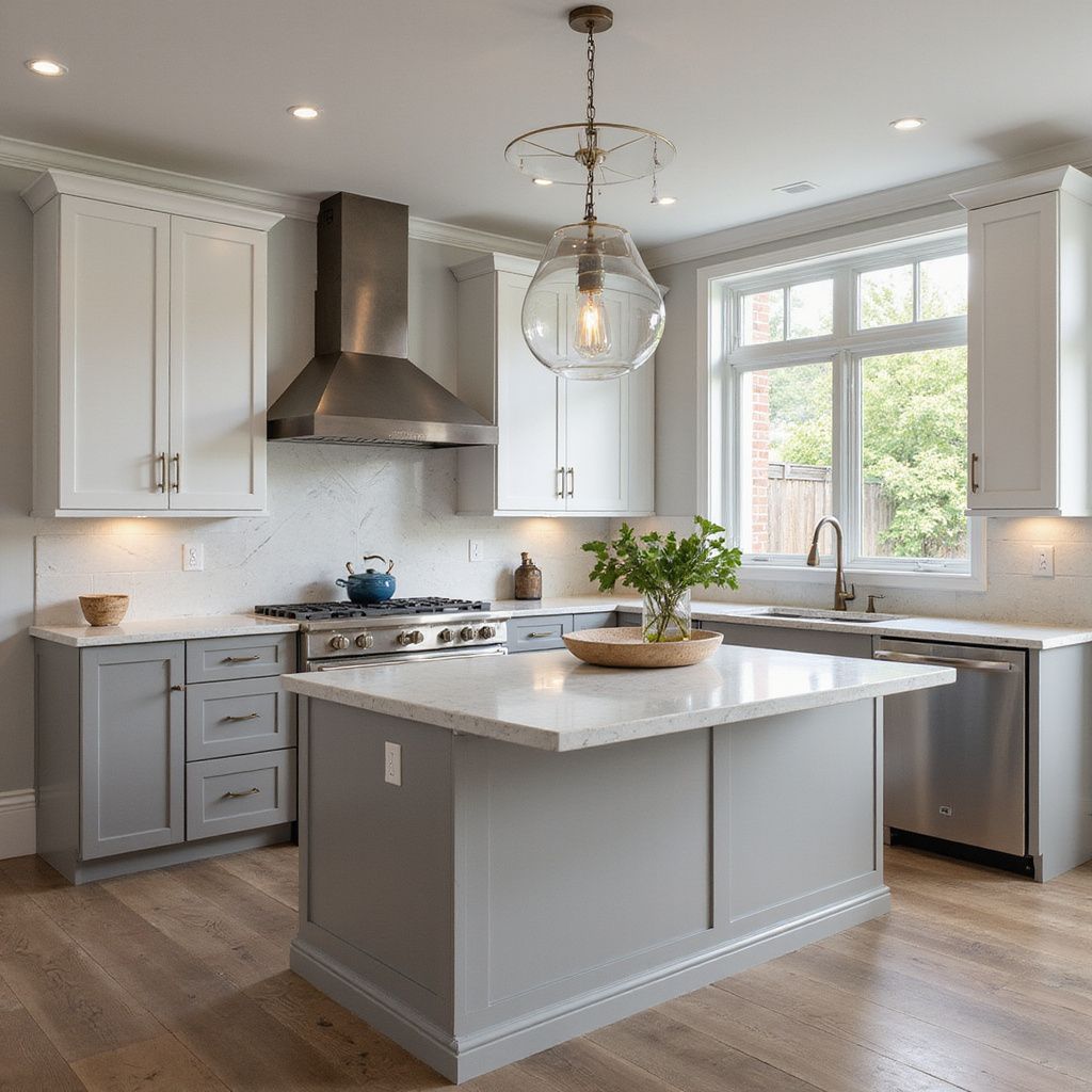 Modern kitchen with gray and white cabinets, stainless steel appliances, and a central island.