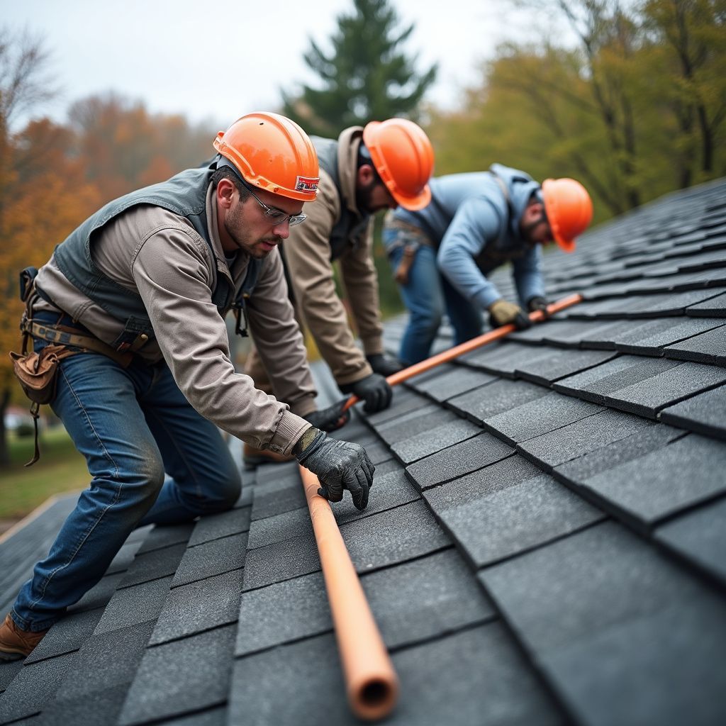 Three roofers in orange hard hats install shingles on a roof.