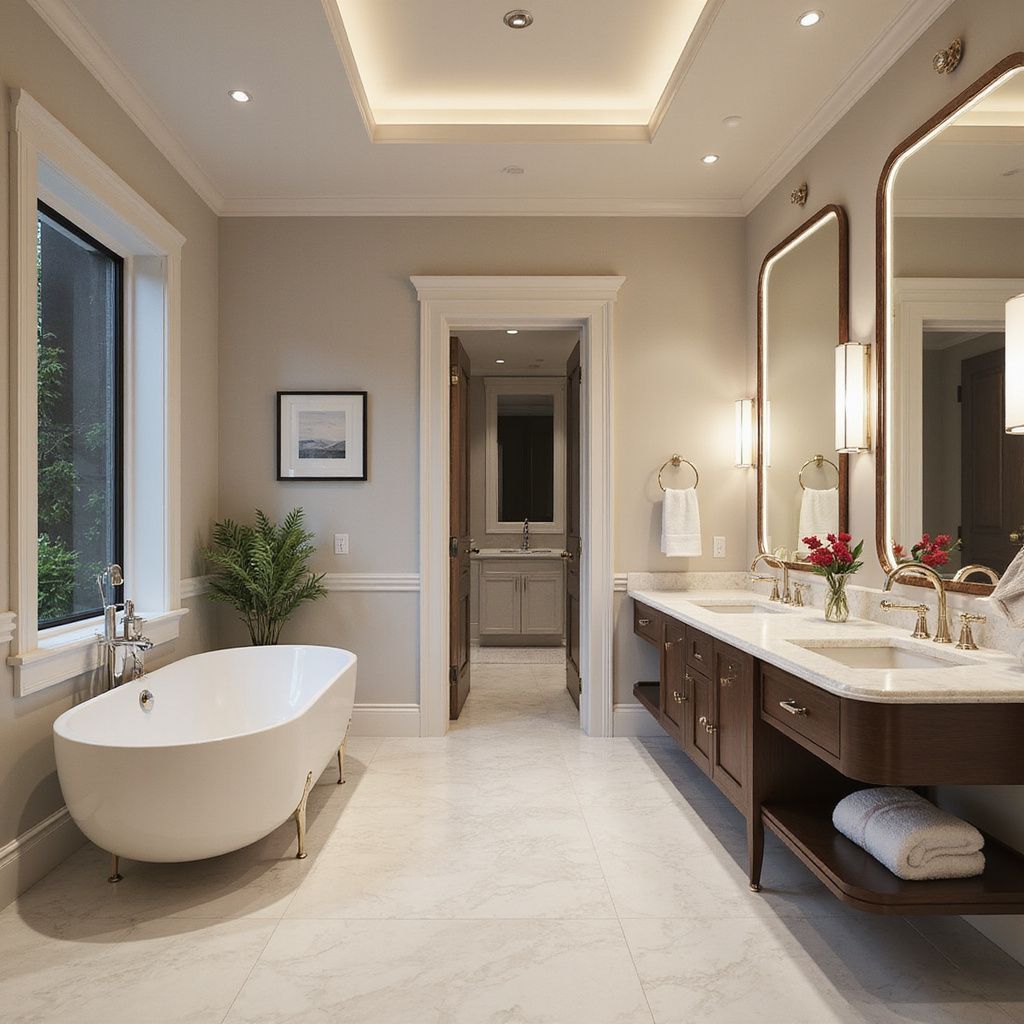 Bathroom with a white bathtub, vanity with two sinks, and two large mirrors.