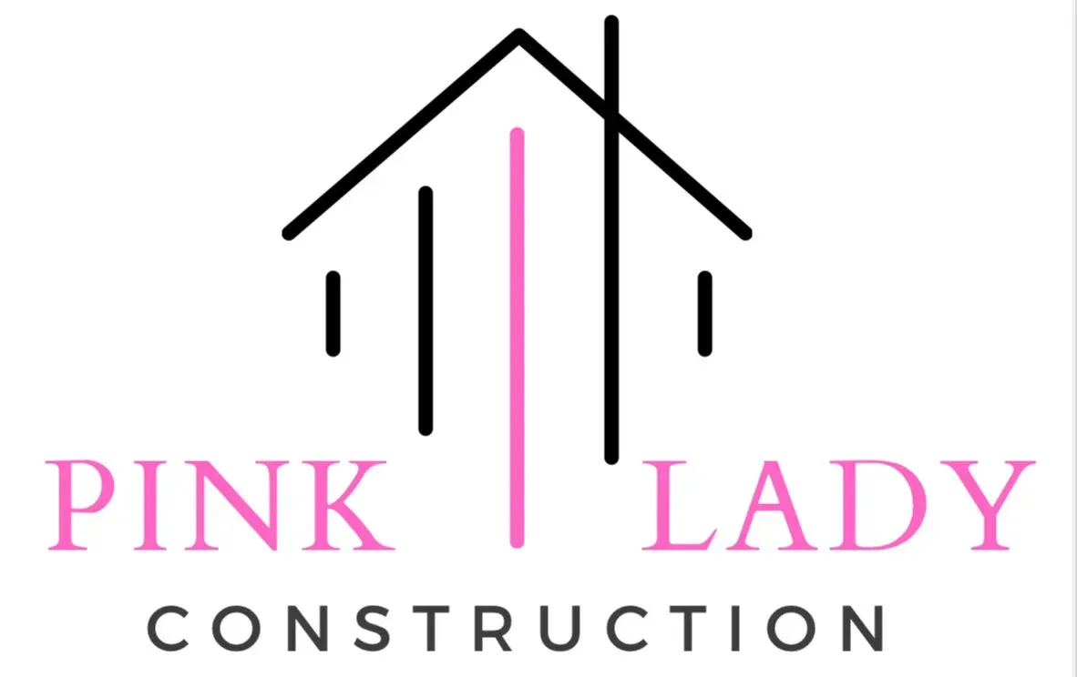The logo for pink lady construction is a pink and black logo of a house.