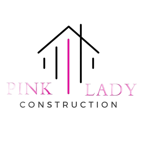 The logo for pink lady construction is a pink and black logo of a house.