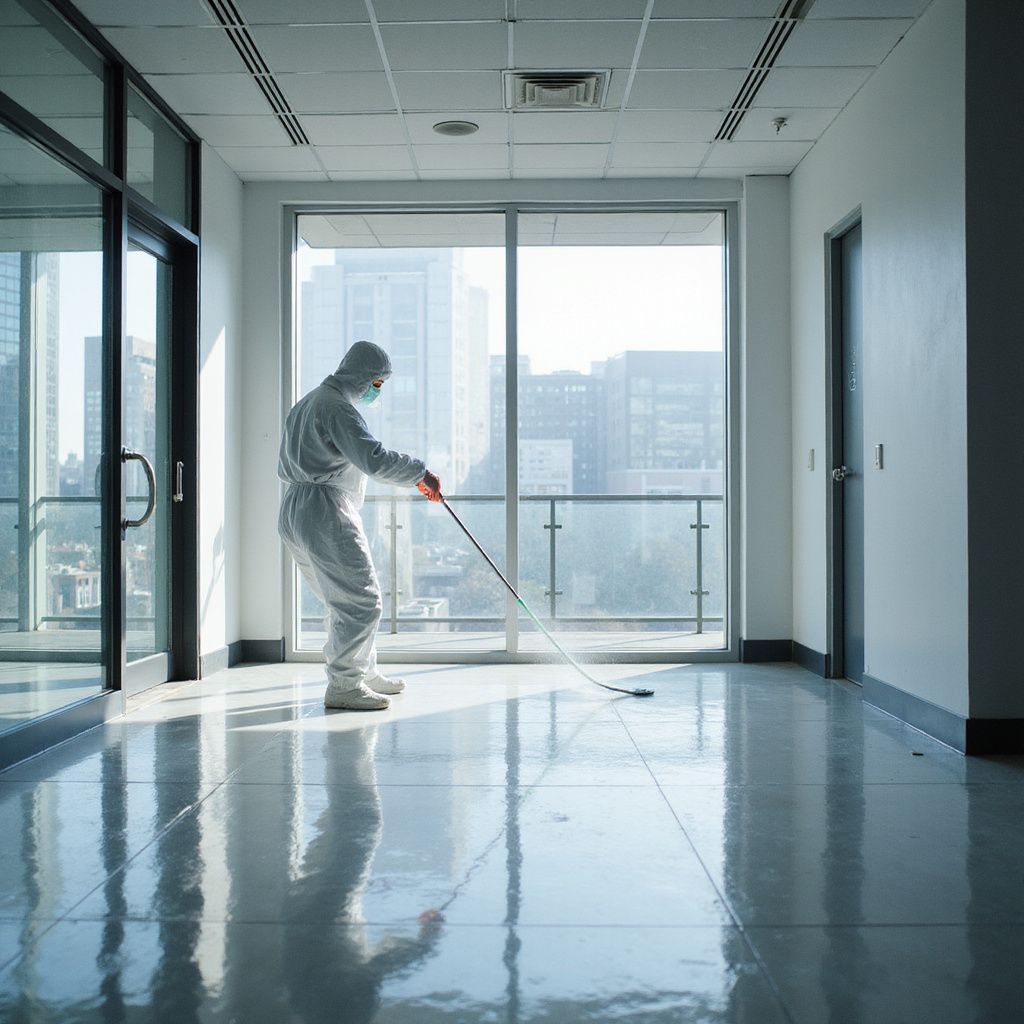 Person in hazmat suit mops a shiny, empty office hallway. Sunlight streams through the windows.