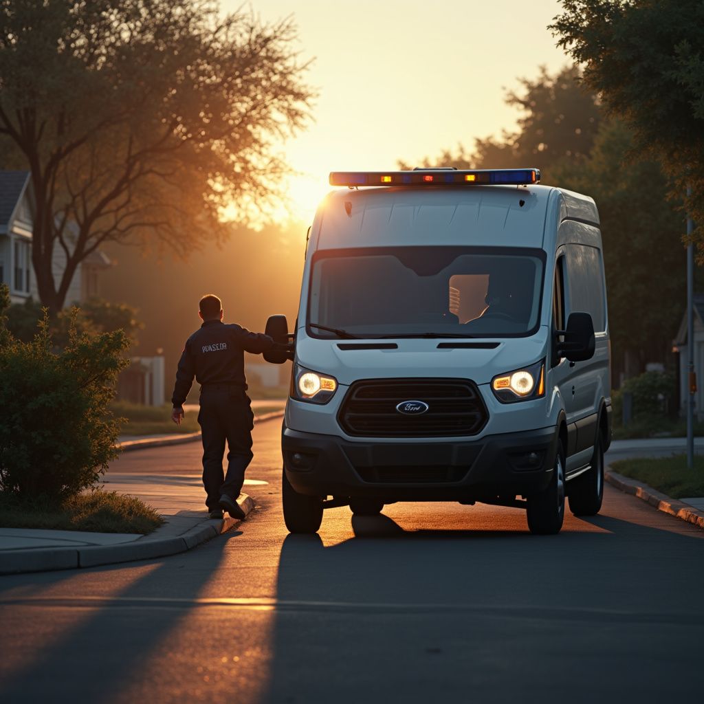 A white Ford van with emergency lights on the street at sunset. A person in uniform approaches it.