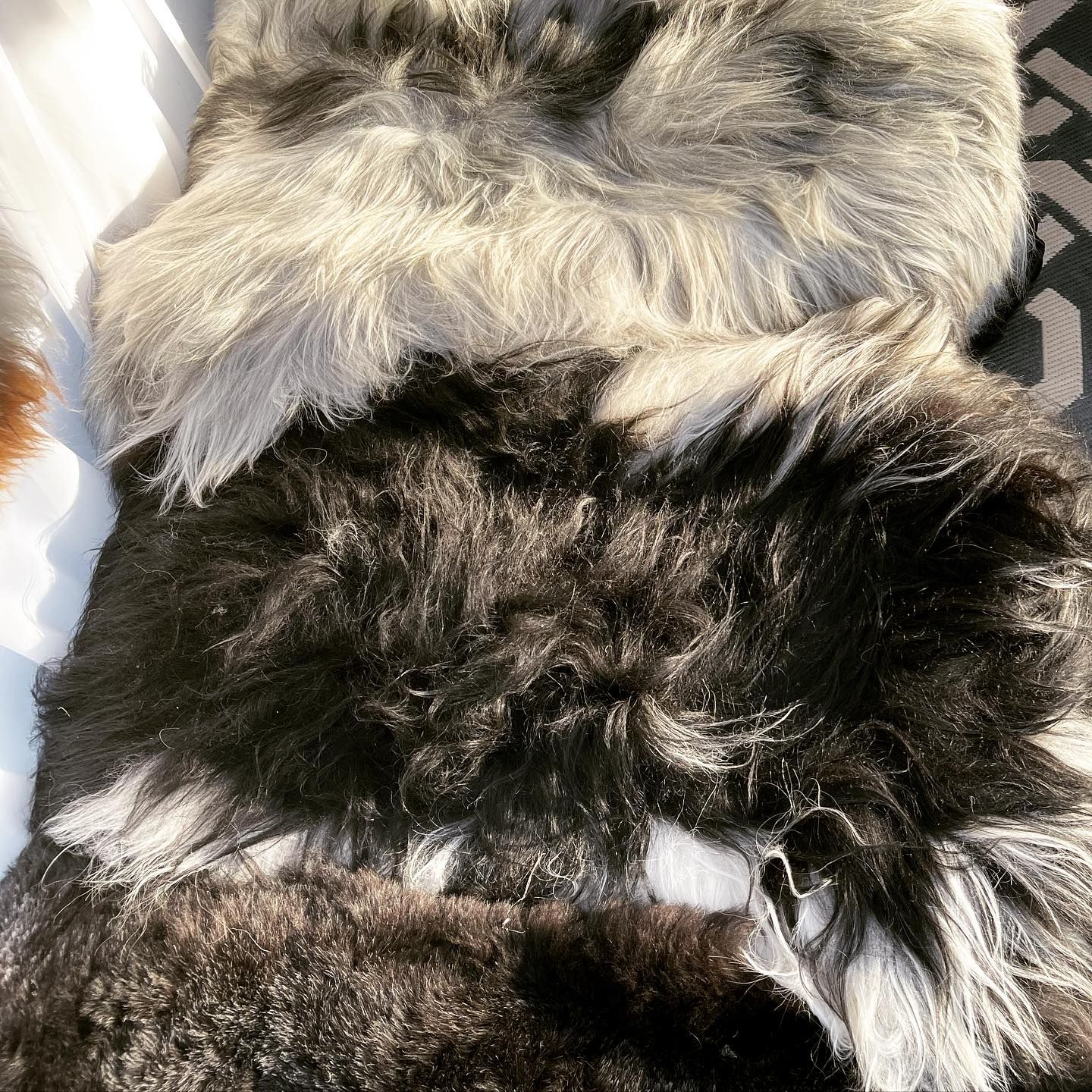 Close-up of various shades of faux fur: gray, black, and dark brown, layered together.