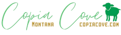 Logo for Copia Cove: green script text with a sheep silhouette and website address.