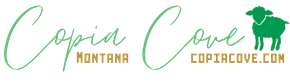Logo for Copia Cove: green script text with a sheep silhouette and website address.