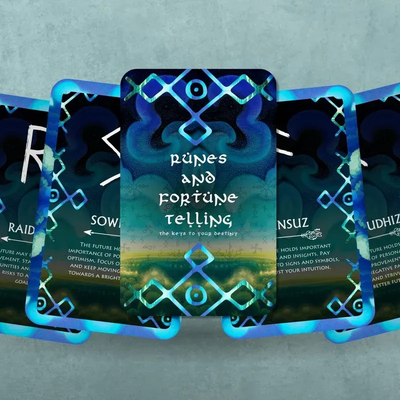 Runes and Fortune Telling cards on gray surface. Central card: text, stylized blue design. Other cards show runes.