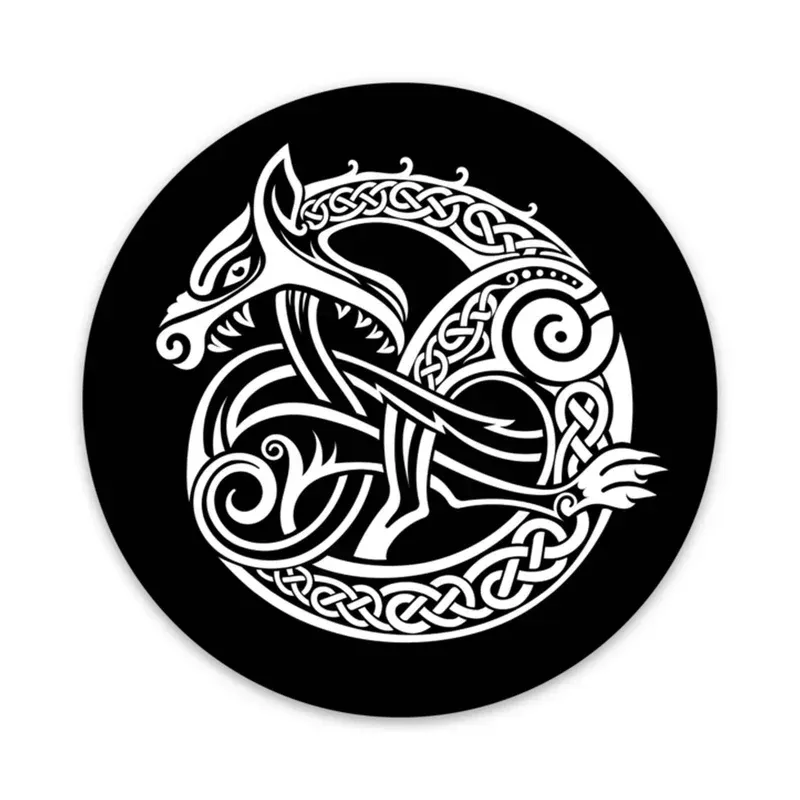 White Celtic dragon knotwork on a black circle.