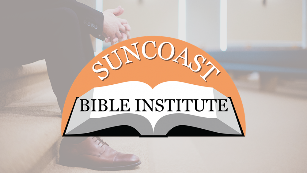 The suncoast bible institute logo is shown with a person sitting in the background.