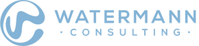 Logo for Waterman Consulting in light blue with a circular design and the company name.
