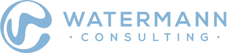 Logo for Waterman Consulting in light blue with a circular design and the company name.