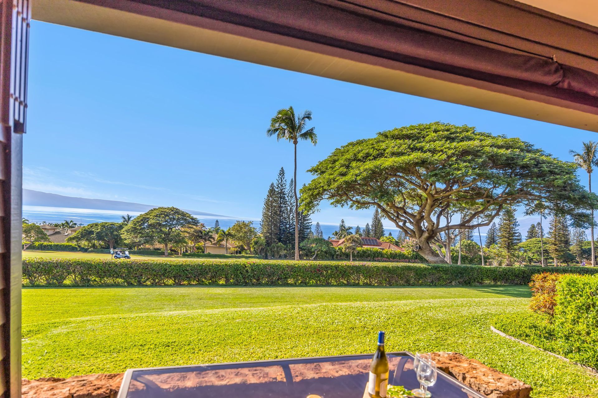 A patio with a wine bottle and glass looking out over a lush green lawn, trees, and a distant coastline under a blue sky.